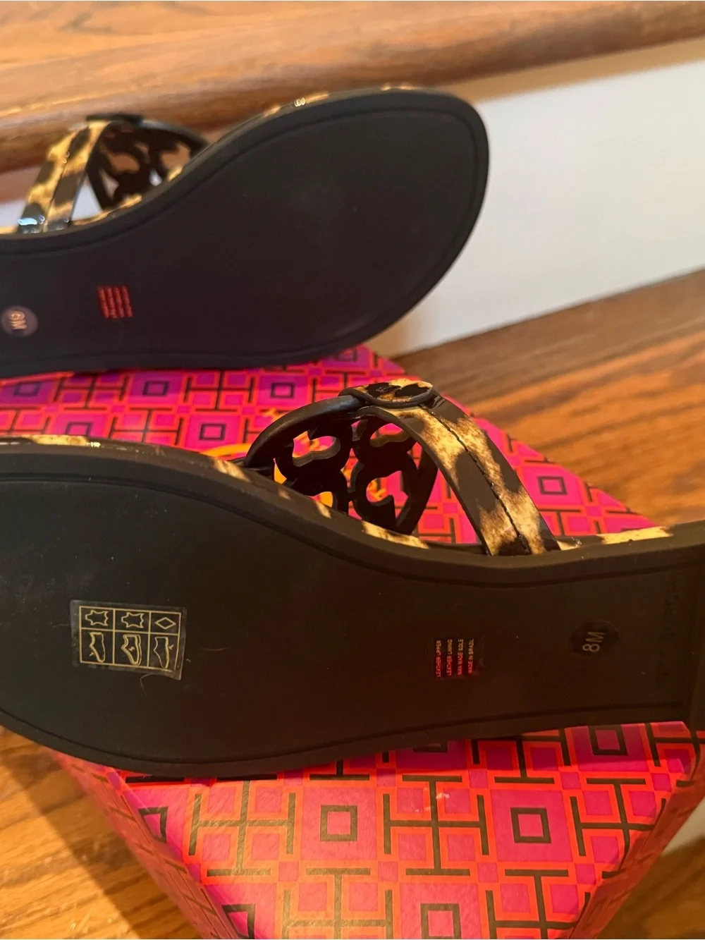 NIB Tory Burch Leopard Print Patent Miller Sandals Brown & Black Size 8
